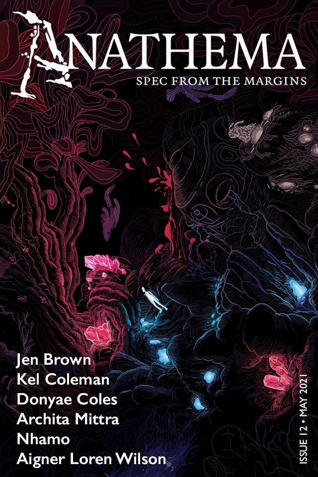 Anathema Magazine cover for issue number 12, showing cave with glowing crystals and mushrooms peeking from the darkness